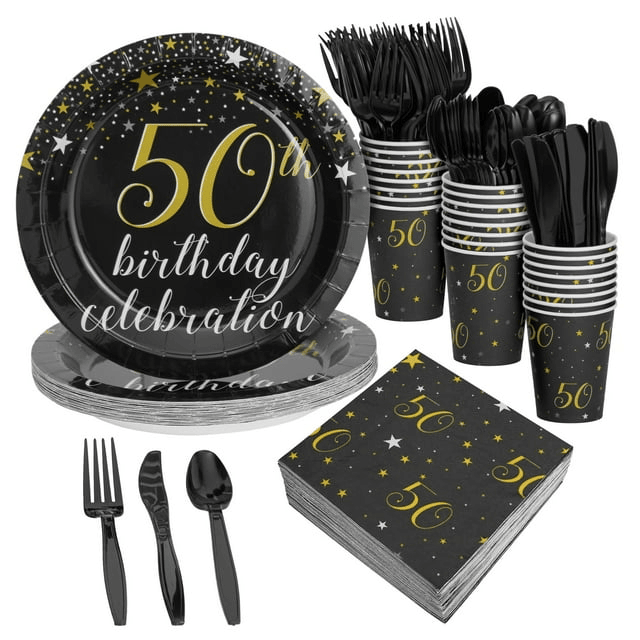 50th Birthday Party Supplies - 144 Pieces Black & Gold Serves 24 - Plates, Napkins, Cups & Cutlery