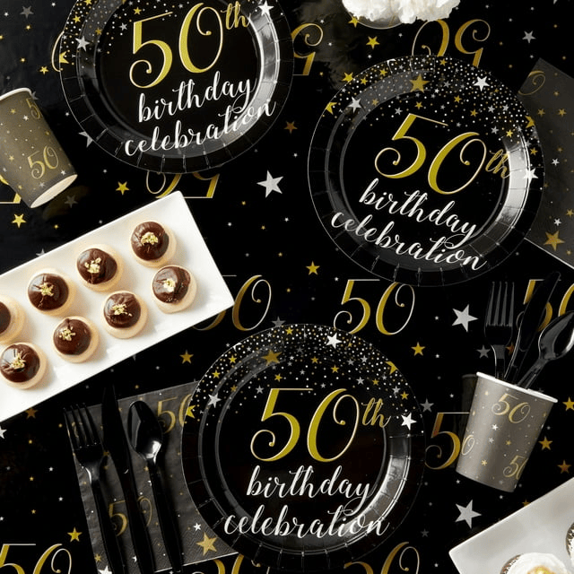 50th Birthday Party Supplies - 144 Pieces Black & Gold Serves 24 - Plates, Napkins, Cups & Cutlery