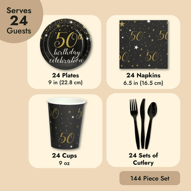 50th Birthday Party Supplies - 144 Pieces Black & Gold Serves 24 - Plates, Napkins, Cups & Cutlery